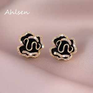 France Romantic Black Camellia Flower Stud Earrings For Women Elegant Temperament Luxury Earrings Jewelry Party Wedding Gifts