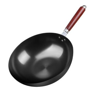 LLCY Wooden Handle Chinese Seasoning Iron Wok Without Ear Uncoated Cooking Wok Thickened Non-stick Cast Iron Pot Gas Stove