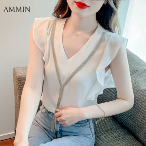 AMMIN 2023 new summer short-sleeved ladies ruffled pullover OL chiffon shirt womens V-neck ruffled sleeves Korean style chain embellishment elegant blouse female ins tops