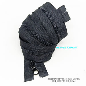 Resleting Zipper 2 Meter Atau 200 cm Type Gigi Halus Coil Model Set Open - End Buka - Lepas Warna Hitam