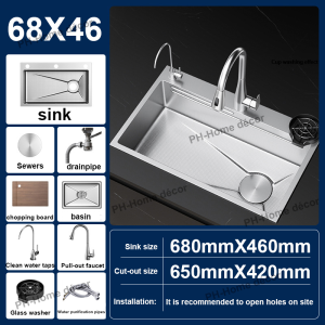 【single slot becomes a double slot】4.0MM 304 silver waterfall Sink lababo stainless complete set sink stainless for kitchen Single slot Suitable for large kitchens Vegetable sink integrated basin vegetable Sterilization sink with faucet set