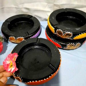 Asbak / Mangkuk Abu Rokok Bahan Kayu Motif Painting Diameter 15 cm