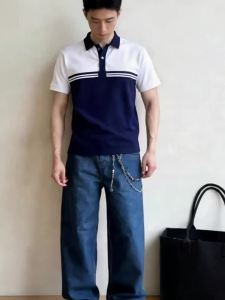 Jeans Fritz White Navy Blue Color Block Stripe Printed Polo Shirt For Men Short Sleeve Regular Fit Breathable Casual Summer Top COD Fast Delivery