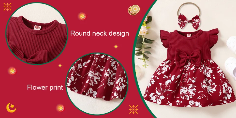 Red Dress for Baby Girl 0 18 Months Flying Sleeve Baby Girl Dress with  Headband Baby Clothes Set | Lazada PH
