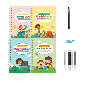 4 Books + Pen Set Copybook Kids English Copybook Reusable Reading and Writing Copybook