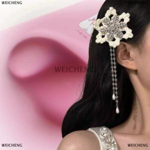 [COD] WEICHENG 1Pair Snowflake Hair Clip Rhinestone Tassel Hair Clip Fluffy Side Clip For Women Girls Temperament Sweet Hair Accessories