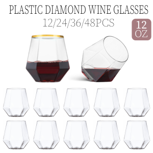 12-48PCS Diamond Plastic Wine Glasses Disposable Stemless Plastic Cups Whiskey Cocktail for Party Birthday Gathering Bars 12oz2026
