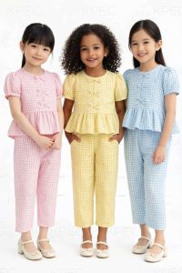 DD Elegant Green Plaid Ruffle Peplum Top and Wide Leg Pants Set for Women