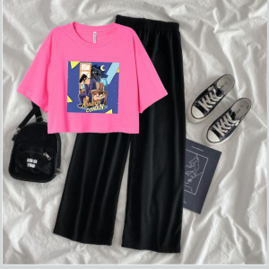 Baju Remaja Usia Tanggung Setelan Celana Kulot Dan Baju Crop Model Oversized Digital Printing Xioxin