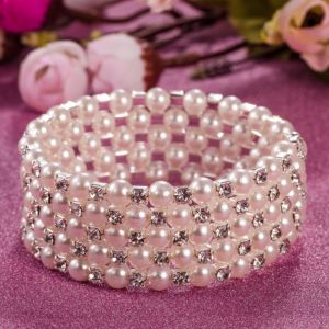 CRNGW Women Crystal Wide Beaded Charm Pendant Pearl Multilayer Bracelets Bangles