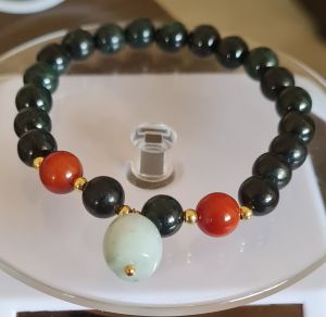 Natural Jade Bracelet with 2 Red Agate and 1 Black Obsidian