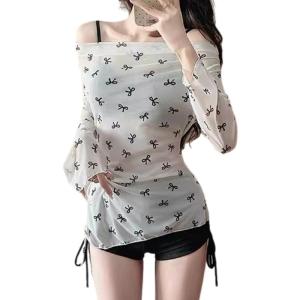 Women Two Piece Swimsuit Set with Long Sleeve Beach Coverup Shirt Lady High Waist Bathing Suit with Drawstring Boyshorts
