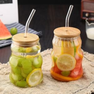 SKJK Bow-Knot Glass Cup with Lid Wavy Design Transparent Juice Cup Valentines Day Gift With Straw Striped Glass Cup Home