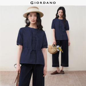 Giordano Women Ruffle placket tie waist denim blouse Free Shipping 18346717