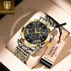POEDAGAR luxury chronograph watch for men original waterproof multifunctional scratch resistant sapphire glass mirror stainless steel calendar luminous moon star watch