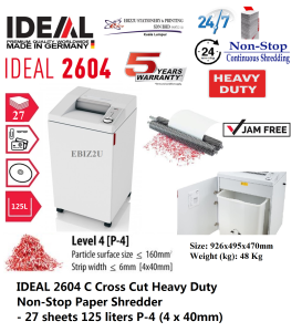 IDEAL 2604 C Cross Cut 4 x 40mm Heavy Duty Non-Stop Paper Shredder - 27 sheets 125 liters P-4 (4 x 40mm) ( 2604C Mesin Penghancur Kertas Mesin Perincih