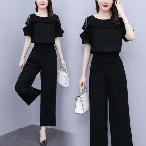 Elegant Lady Two-piece Sets 2024 Summer New Large Size Short Sleeve And Wide Leg Pants Elastic Waist Leisure Sets For Women