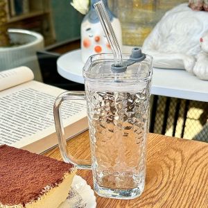 FWFHTP Heat Resistant Transparent Glass Cup Square With Lid and Straw Coffee Cup Ins Water Cup Home Bar