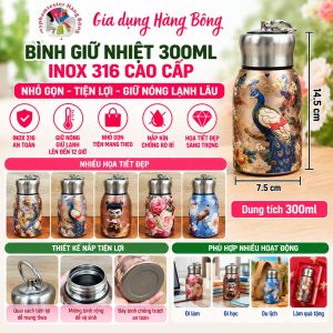 BÌNH GIỮ NHIỆT 300ML INOX 316 – HỌA TIẾT CÔNG VÀNG & BƯỚM VÀNG