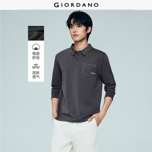 Giordano Beau Monde Men Topstitch embroidered pocket long sleeve polo shirt Free Shipping 13016602