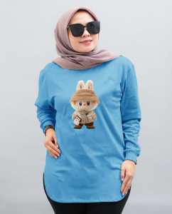 Kaos Lengan Panjang Wanita / Atasan Oval Gambar Labubu Syal / Kaos Wanita Gambar Viral