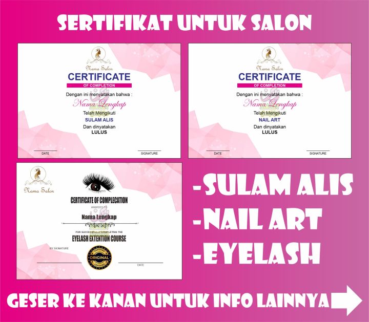 cetak sertifikat salon piagam penghargaan untuk salon nail art sulam alis eyelash zain grafika