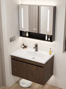 [SG Stock]Light Luxury Walnut Makeup Mirror Cabinet Nordic Walnut Bathroom Cabinet Aluminum Alloy Bathroom Cabinet Bathroom Makeup Mirror Cabinet