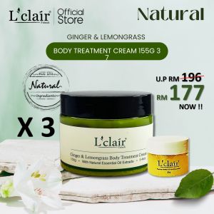 Lclair Ginger & Lemongrass Body Treatment Cream (3 x 155g) [Free 1 x 30g Sea salt body cleanser worth RM19]