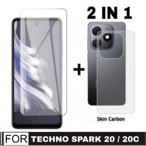 Promo Paket 2 in 1 Tempered Glass Tecno Spark 20 / 20C 2023 Anti Gores Layar Bening + Garskin Carbon Transparan