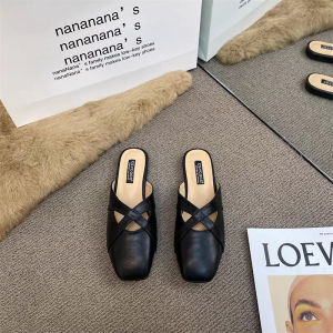 Free Shipping WomenS Retro Versatile Square-Toe Korean-Style Sandals With Crisscross Straps Shallow Opening Open Back And Half-Slipper Design
