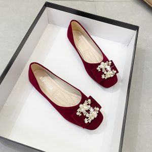 Free Shipping 2026 Autumn New Retro Red Flat Shoes Shallow Mouth Embroidered Chinese Wedding Shoes With Bow For Women