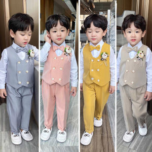 lontakids Kids 3 Piece (Vest + Pants + Bowtie) Boys Suit Piano Recital Performance Formal Attire Wedding Birthday Party Pink Khaki Children Gentleman Clothing