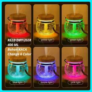 Diffuser 400ML Pelembap Botol Pelembap Udara Kabut Kaca 7 Warna Lampu Malam Pegangan Tali Penyebar Minyak Esensial Pelembap Udara USB Desktop Dingin