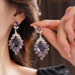 GONG4 Light Luxury Rhinestone Drop Earrings Exaggerated Purple Zircon Ear Jewelry Shining Accessories Vintage Crystal Earrings Women