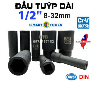 Đầu tuýp 1/2 dài 78mm thép đen công nghiệp C-MART 8-32mm đầu khẩu lục giác CR-V chuyên dùng cho máy siết bulong đầu tiếp lục giác đầu tuýp đầu khẩu dài 1/2 inch 6 cạnh cao cấp máy bắn khẩu đầu típ dài