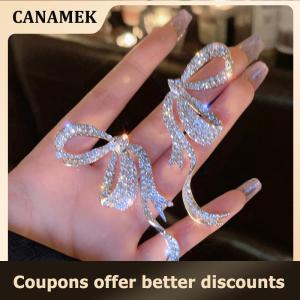 【 CANAMEK 】 1Pair Luxury Full Rhinestone Bowknot Pendant Earrings For Women Exaggerated Elegant Ribbon Bow Long Tassel Earrings Jewelry