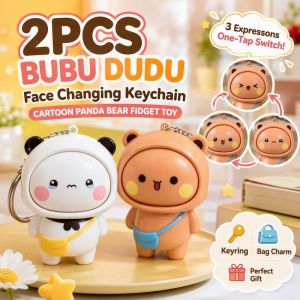 Cartoon Face Changing Keychain Set 2PCS Panda Bear Fidget Toy Bag Charm Key Ring Gift