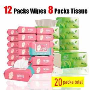 20PCS Baby Wipes And Tissue Combo Unscented Baby Wipes 12packs And Tissue Facial paper 8packs