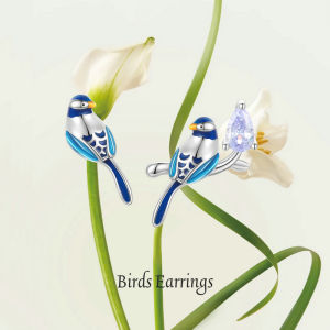 BAMOER 925 Sterling Silver Dainty Birds Stud Earrings for Women Pupple CZ Elegant Ear Studs Gift Jewelry BSE691