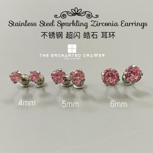 [1Pair] AAA Pink Cubic Zirconia Stainless Steel Screw Earrings | 超闪 粉红 AAA 皓石 不锈钢 螺丝 耳环
