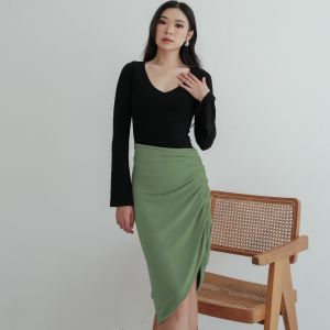 NZINGA Hyosonn | Skirt Wanita Slim Fit Polos - Rok Midi Kerut Belahan Depan Stylish | Ukuran S - XXL