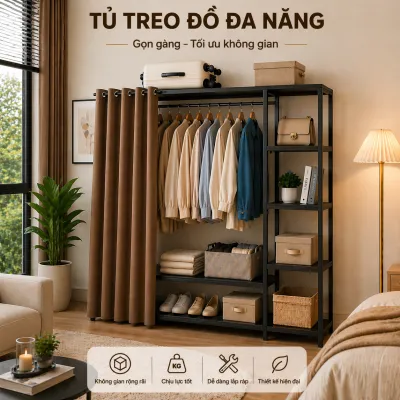 VNH-507 Kệ treo giá treo quần áo kèm kệ để đồ khung sắt mặt gỗ bền chắc đa năng tiện lợi