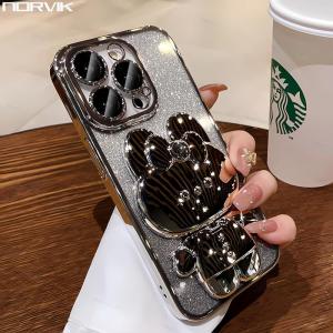 NORVIK Makeup Mirror Phone Case with Rabbit Folding Bracket Stand Glitter Gradient Plating Soft Casing Cover for Samsung A54 A34 A24 A15 A05 A14 A04 S23 S22 A53 A73 A52 A52S A22 Plus Ultra 5G LTE 4G I50-1
