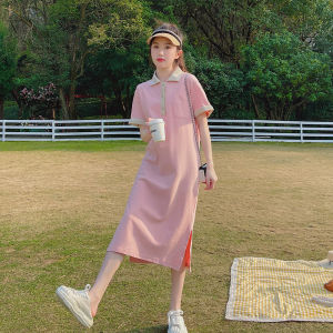 Missliu กระโปรงถักสีชมพูสำหรับผู้หญิงเดรสโปโลหวานแฟชั่นฤดูร้อน2025ทรงหลวมยาวตรงใหม่