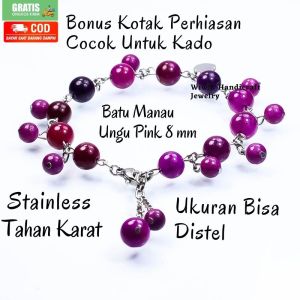 Gelang Tangan Wanita: Gelang Batu Cewek Stainless Tahan Karat Batu Beads Manau Pink Fusia Terbaru Untuk Kado Hadiah Terbaru