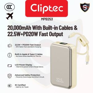 Fast Charging Power Bank 20000mAh | 3C Certified CLiPtec MPB253 | Built-in Lightning & Type-C Cable | PD20W + 22.5W Caj Pantas untuk iPhone Android