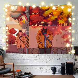 Couple Illustration Background Cloth ins Cute Style Dormitory Bedroom Bedside Romantic Cozy Decoration Hanging Cloth Wall Cloth