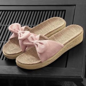[Free Shipping] New High-Heeled Indoor Slippers Thick-Soled Wedge Slippers Linen Slippers For Women Sweat-Absorbing Slippers With A Bow Design