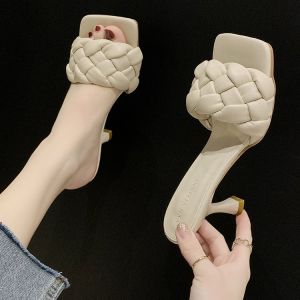 Summer New Ins Fashion Ladies High Heeled 8cm Heels 35 to 39 Size Woven Upper Women Sandals Square Head Stiletto High-heeled Slippers Party Shoes