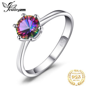 JewelryPalace Natural Rainbow Mystic Quartz 925 Sterling Silver Ring for Women Solitaire Gemstone Jewelry Engagement Ring